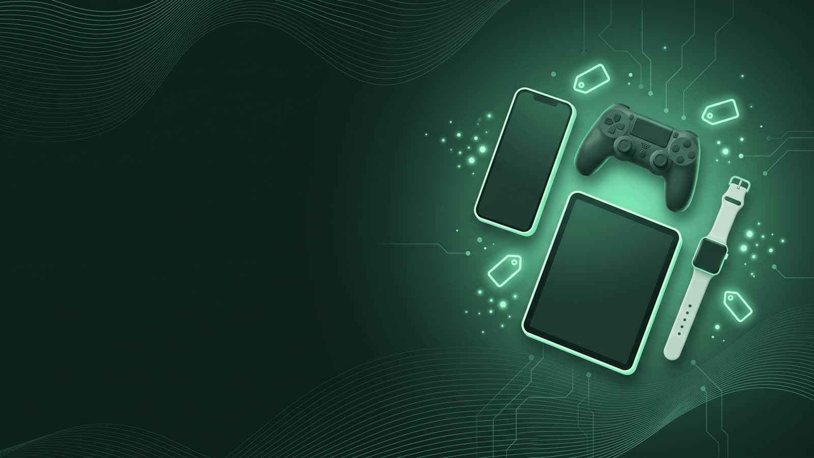 A neatly arranged flat-lay of phones, a game console, and a tablet ready to be resold, lit in mint and forest-green tones.