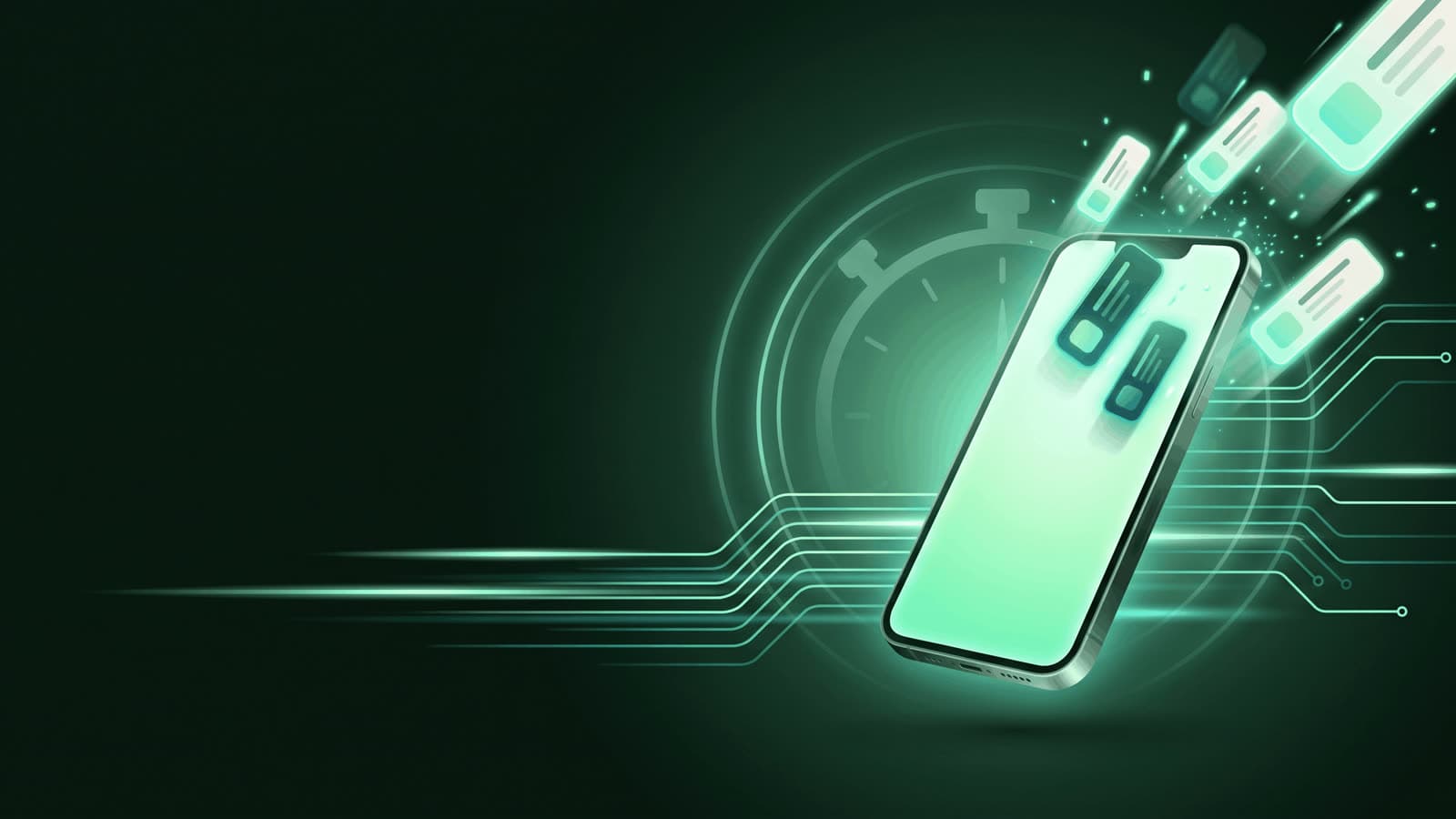A stopwatch and a stream of deal alerts racing across a phone screen, rendered in mint and forest-green tones.